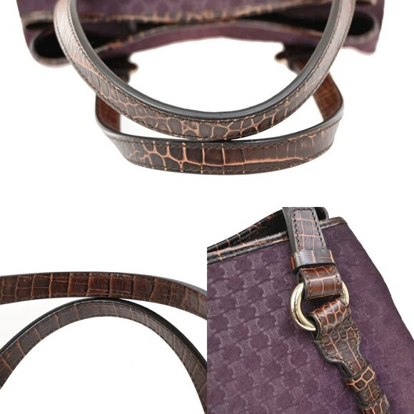 CELINE Logo Macadam Shoulder Tote Bag Suede Embossed Leather Purple SHW 34KB278 - Picture 8 of 15